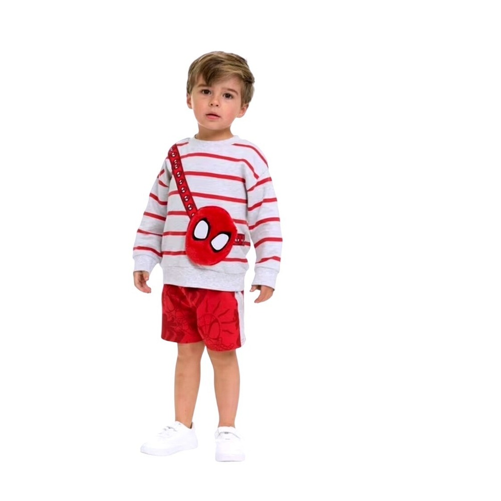 Marvel Spider-Man Boys Striped Sweatshirt and Shorts 2-Piece Set Red Gray